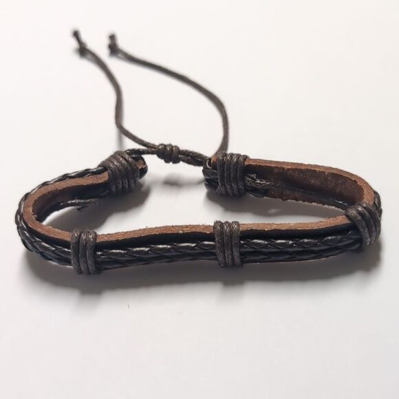185‎ Brown Leather Braided Adjustable Slider Bracelet - Picture 1 of 6